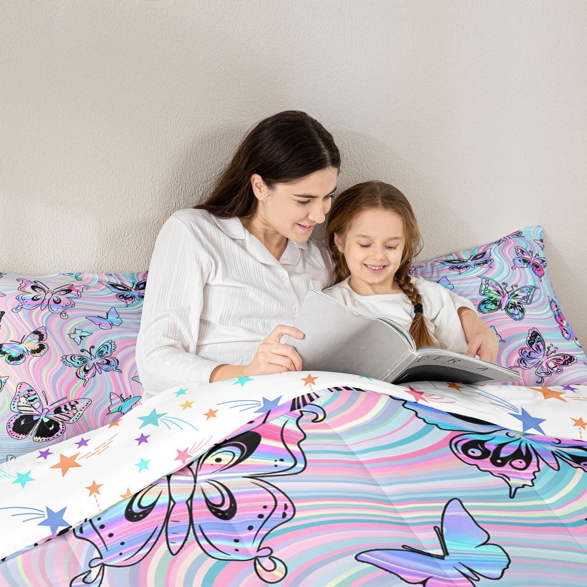 jejeloiu Bohemian Cartoon Butterflies 7-Piece Twin Bedding Sets,Colorful Fulid Art Bedding Comforter Set,Pink Blue Ombre Sheet Sets For Girls Teens,Super Cozy Room Decor Reversible