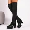 thumbnail image 3 of Women's Stretchy Leather Black Over The Knee Boots Platform Chunky Heel Slip On Long Wide Calf Boots with Side Zipper Size 10, 3 of 8