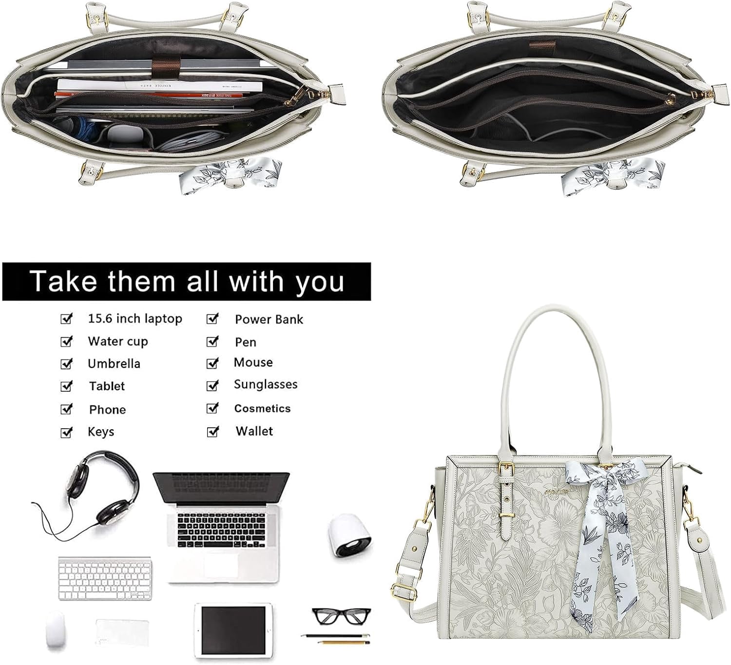 Mosiso Laptop Tote Bag for Women, 15.6-16 inch Waterproof PU Leather Travel Work Office Shoulder Messenger Handbag for MacBook Air Pro HP Dell Asus Acer Computer Satchel Bags, Beige