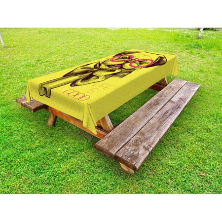 

Pug Outdoor Tablecloth An Intellectual Dog with Glasses and a Wink Life is Good Inscribed on the Background Decorative Washable Fabric Picnic Tablecloth 58 X 104 Inches Yellow Pink by Ambesonne