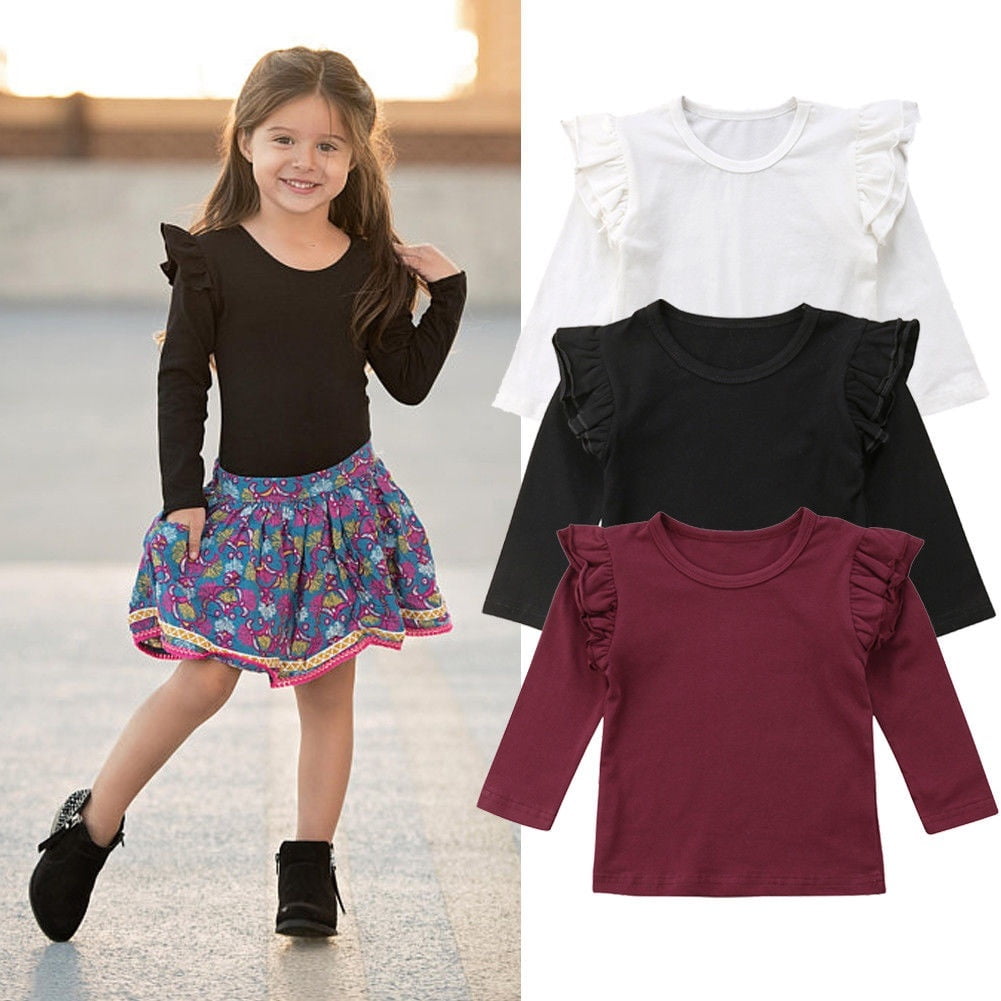 Kids Solid Color Shirts / Ruffles Tops Toddler Baby Girl Kids Solid