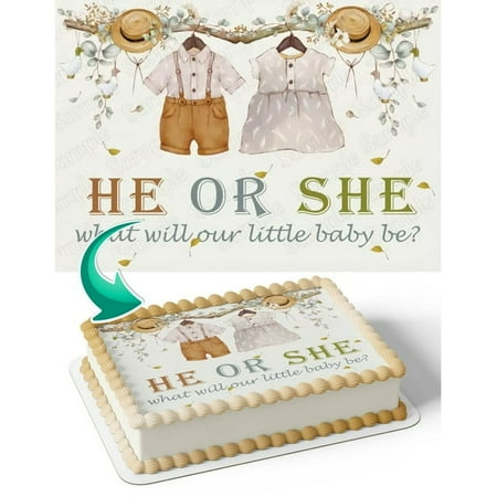 SugarMeLicious He or She What Will Our Little Baby Be Edible Cake Topper – Personalized 1/4 Sheet Gender Reveal Banner for Baby Showers and Party Celebrations