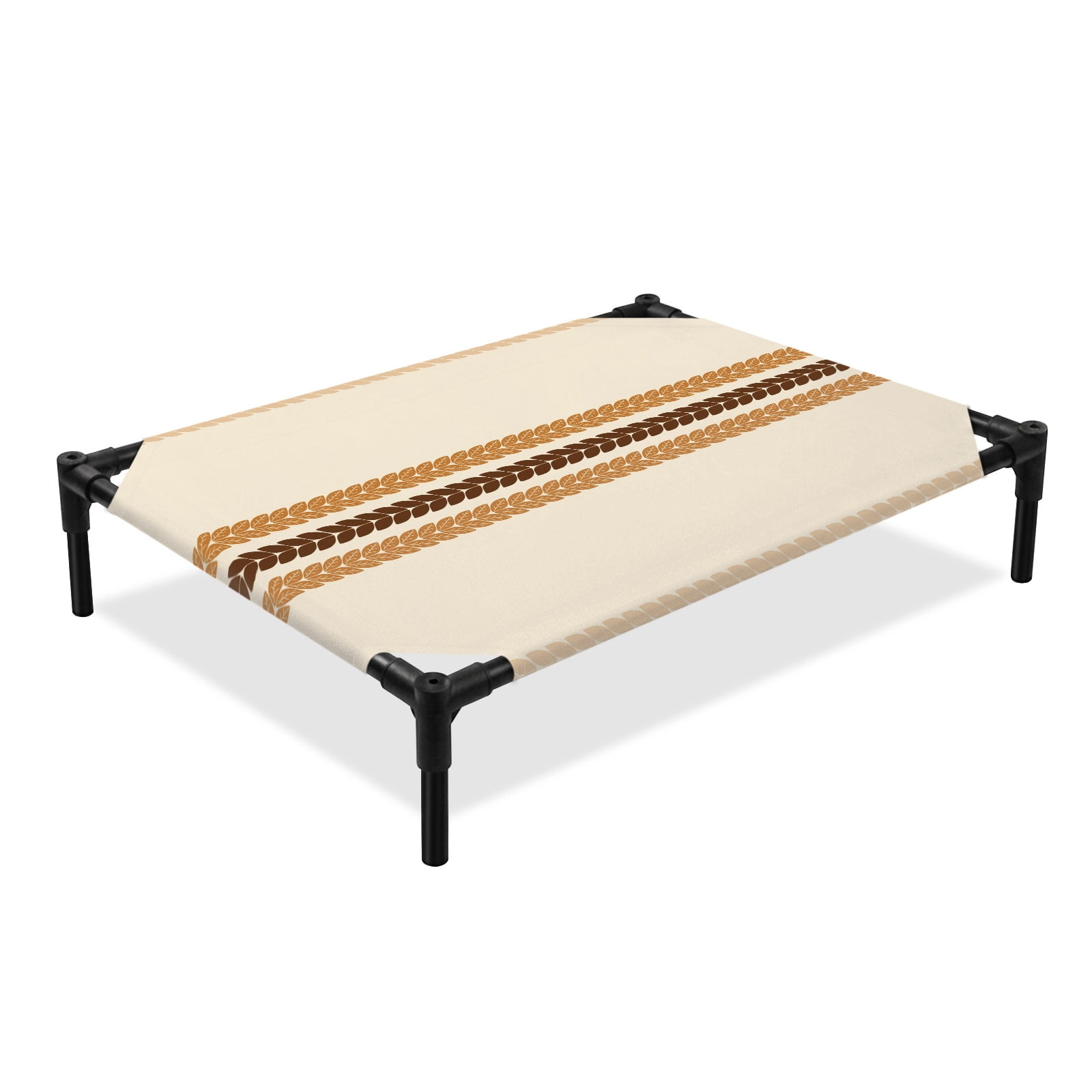 Minimalist Leaf Elevated Dog Bed Rustic Yellow Plant Leaves Stripes Retro Beige Cooling Breathable Outdoor Raised Dog Cot Bed with Metal Frame Non-Slip Feet for Large Dog 28x22in