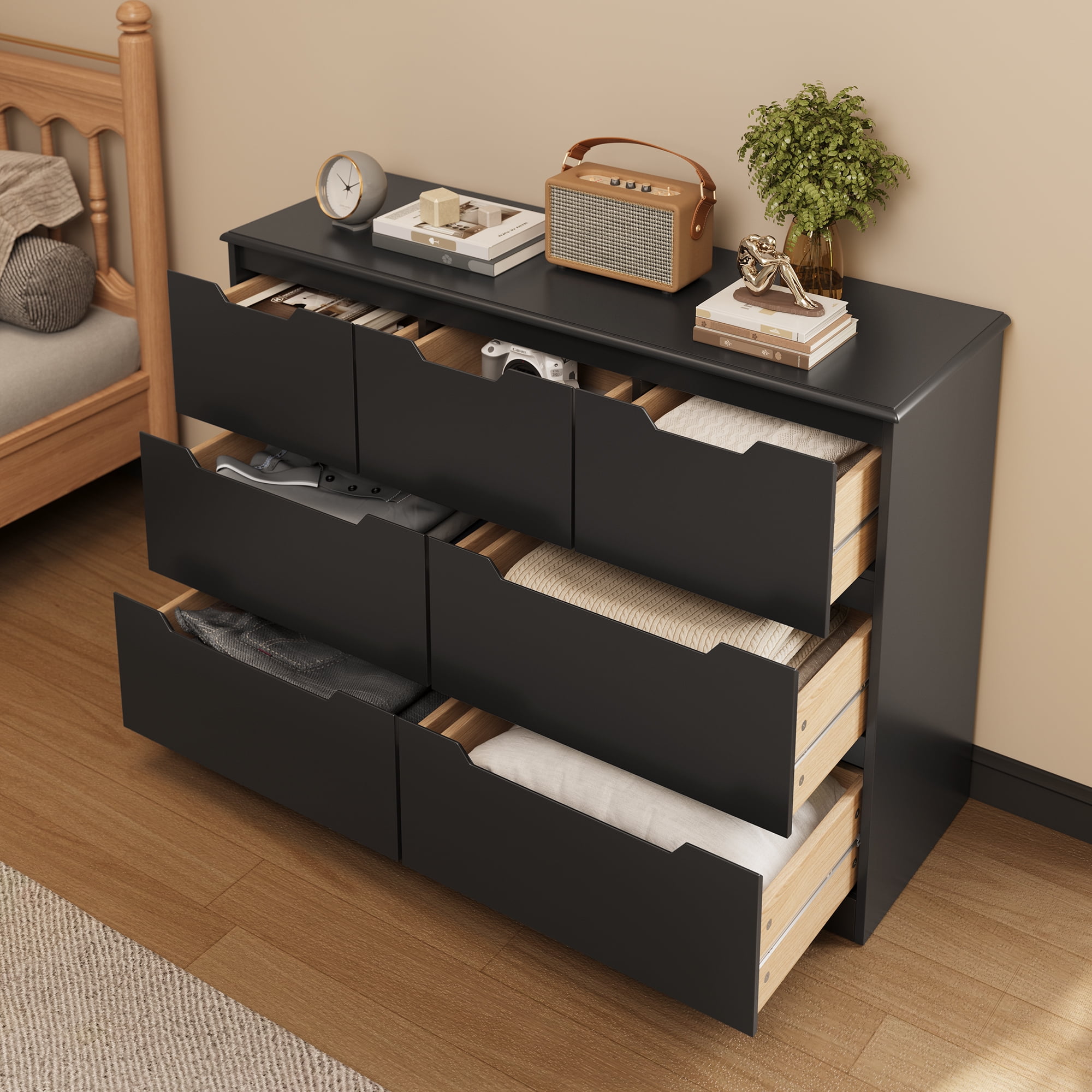 47" Wide Modern Dresser, Lofka 7-Drawer Storage with Thick Top & 14" Deep Drawers (3 Small + 4 Large), Smooth Glide, No-Handle Design, Easy Assembly, Anti-Tip, Black