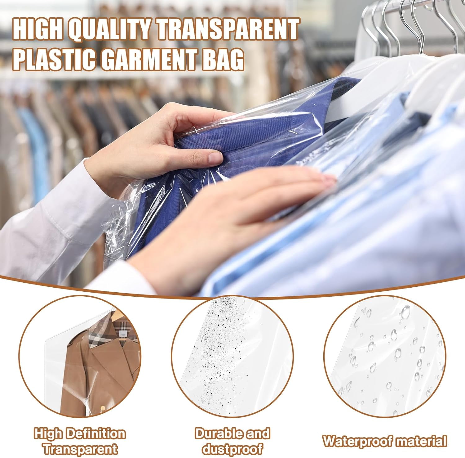 100 Pack Clear Garment Bags for Hanging Clothes, Dry Cleaner Bags, Plastic Garment Bags, Dry Cleaning Bags, Clear Plastic Bags for Clothes Cover, for Dry Cleaner Closet Storage Travel, 60x90cm