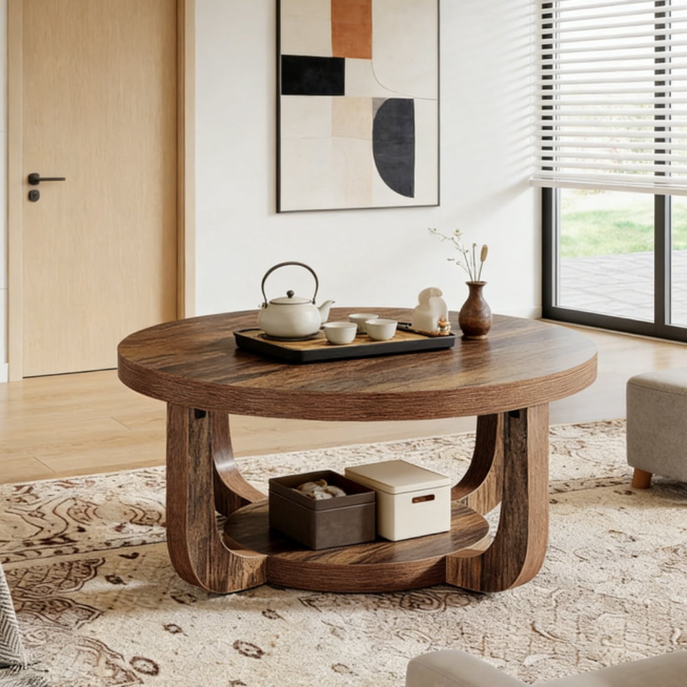 Coffee Table Round Rustic Brown 2 Tier Storage Modern Living Room Furniture