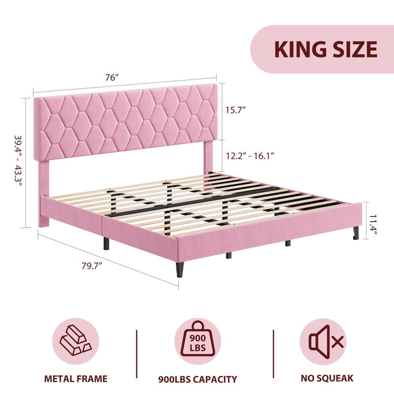 Kicctian Pink King Bed Frame with Upholstered Headboard, Heavy-Duty Platform Bed with Strong Wood Slats, No Box Spring Needed, Noise Free, Easy Assembly