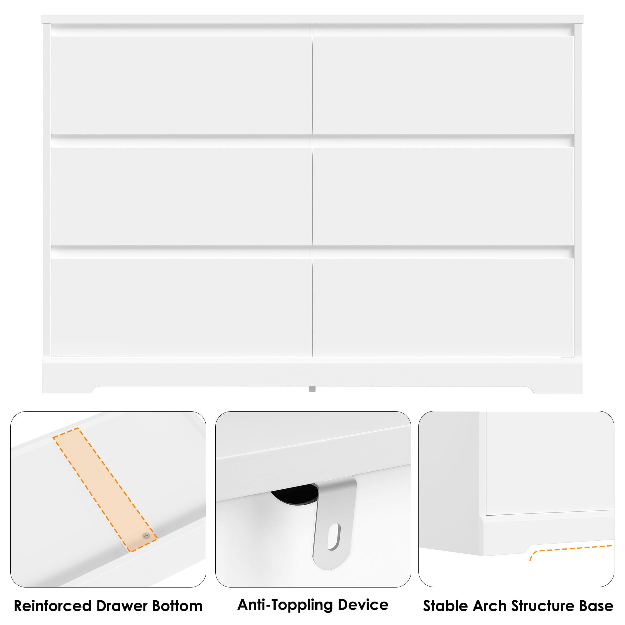 Homfa 6 Drawer Double Dresser, 47.2'' Wood Storage Side Cabinet Chest of Drawer for Bedroom Living Room, White