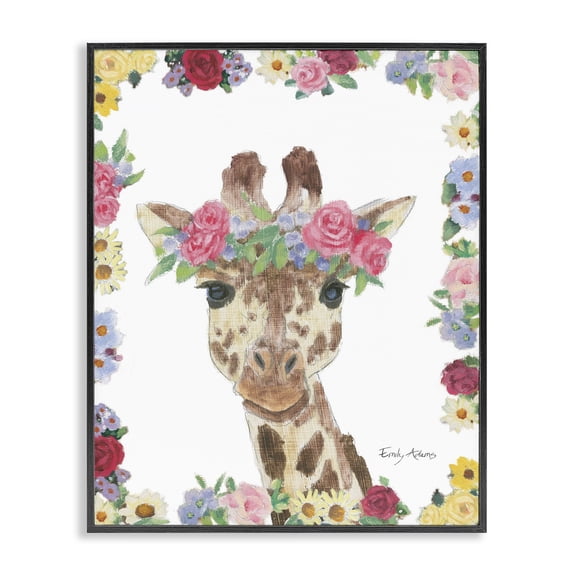 Stupell Industries Bohemian Flower Friends Giraffe Black Framed Giclee Art, 11 x 14, by Emily Adams