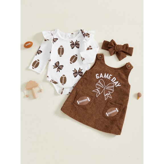 Baby Girl Fall Outfits Long Sleeve Football Romper Overalls Dress Headband Set Infant Clothes