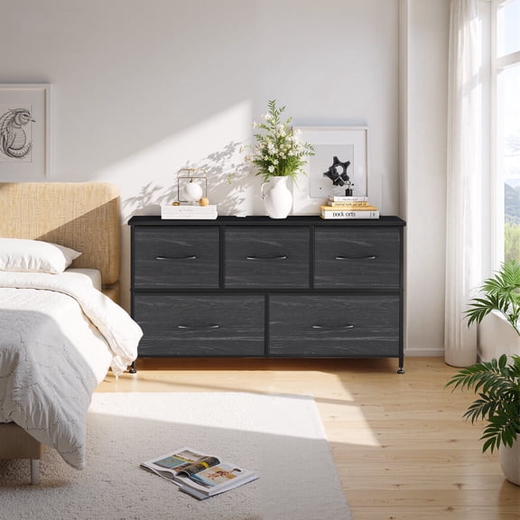 Dresser, Betcozy Storage Organizer with 5 Drawers for Bedroom, Chest of Drawers with Fabric Bins, Sturdy Metal Frame, Wood Tabletop, Black
