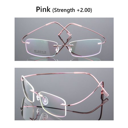 Men and Women Ultralight Vision Care Eyewear Memory Titanium Presbyopic Eyeglasses Reading Glasses Rimless PINK STRENGTH 2.00
