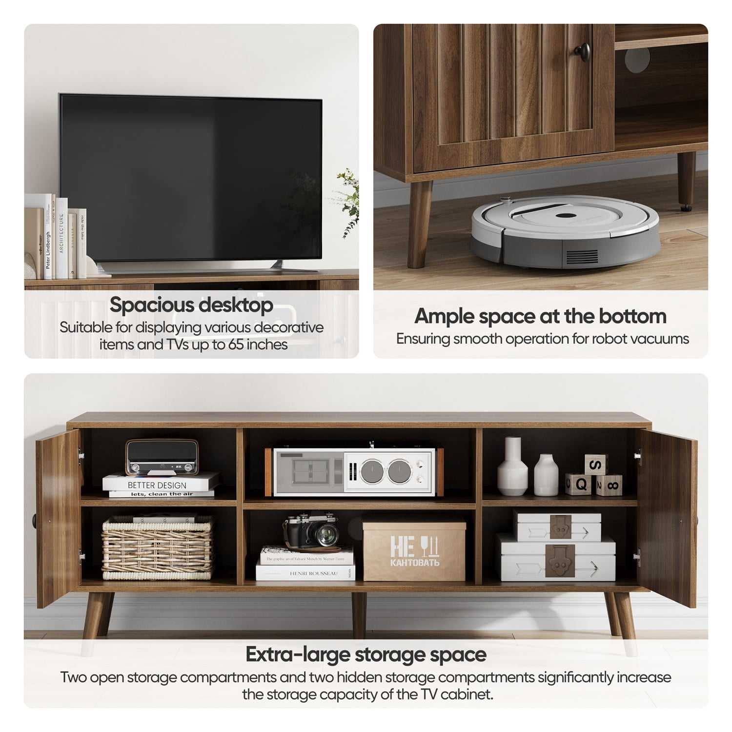 Hommoo Modern 55"W Wooden TV Stand with Adjustable Storage Shelves and Vertical Grooved Finish, Media Console Entertainment Center for Living Room and Bedroom, Walnut