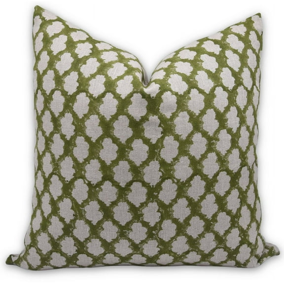 Fabdivine Block Print Throw Pillow Cover, 14x14 Inch Thick Linen Handmade Cushion Cover, Floral Print Boho Design Green Pillow Cover for Sofa and Couch