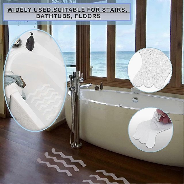24 pegatinas antideslizantes para ducha, 1,3 x 18 cm, tira autoadhesiva de seguridad para bañera, transparente, color blanco, aptas para bañeras.