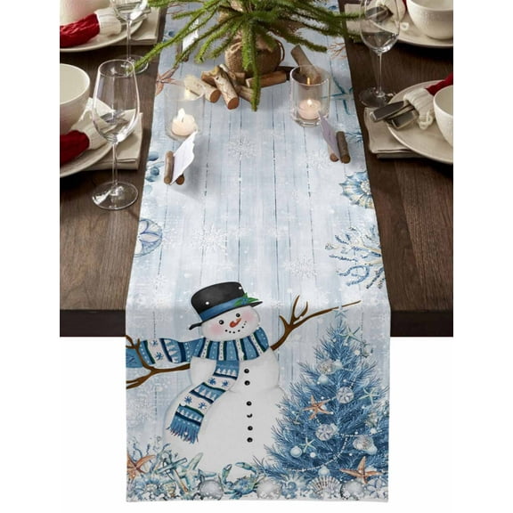 Coastal Christmas Cotton Linen Table Runner for Dining Kitchen, Beach Coral Snowman Xmas Tree Blue Wood Wedding Outdoor Party Tablerunners Decoration, Dresser Scarf Coffee Tablecloth Runners 13"x70"