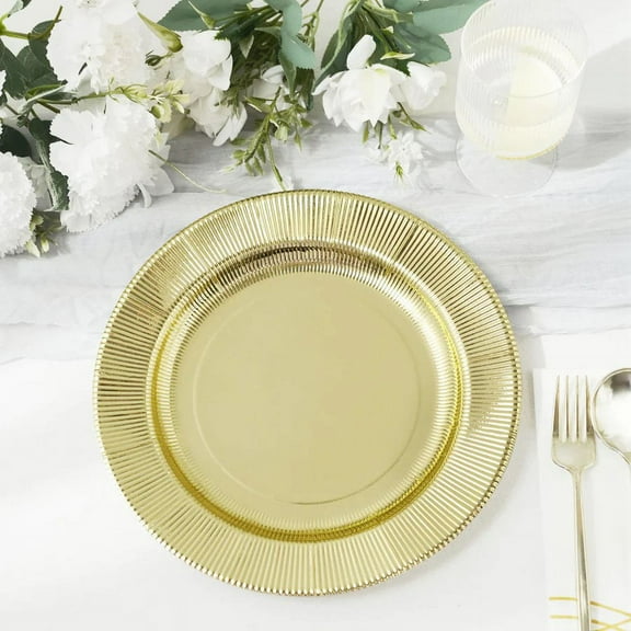BalsaCircle 25 Round 8" Gold Metallic Disposable Dinner Salad Paper Plates Textured Trim Party Decorations Supplies