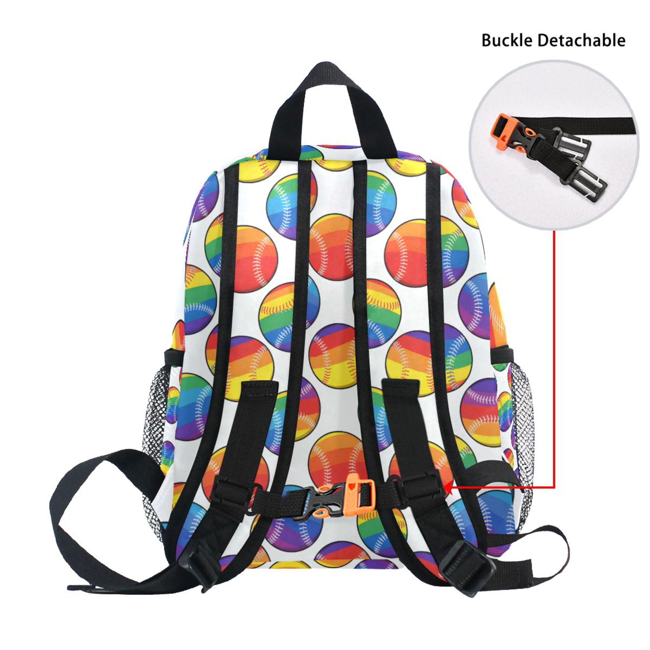 Rainbow Baseball White Background Pattern Mini Backpack Cute Small Backpack with Chest Strap and Whistle Ages 3-8