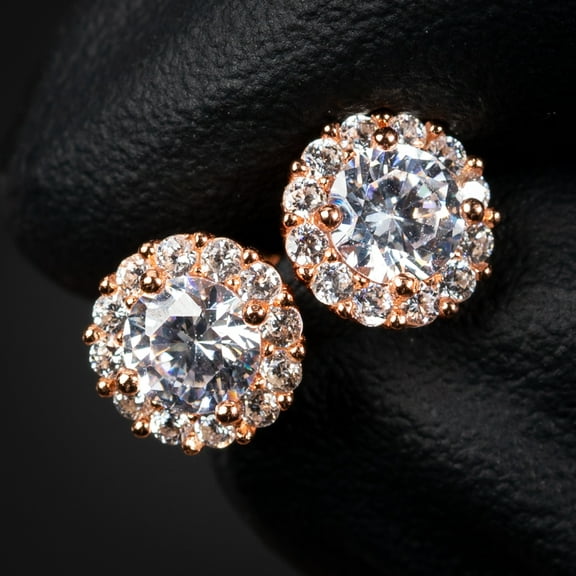 Men's Women's Round Cut CZ Rose Gold 925 Sterling Silver Small Halo Screw Back Stud Earrings