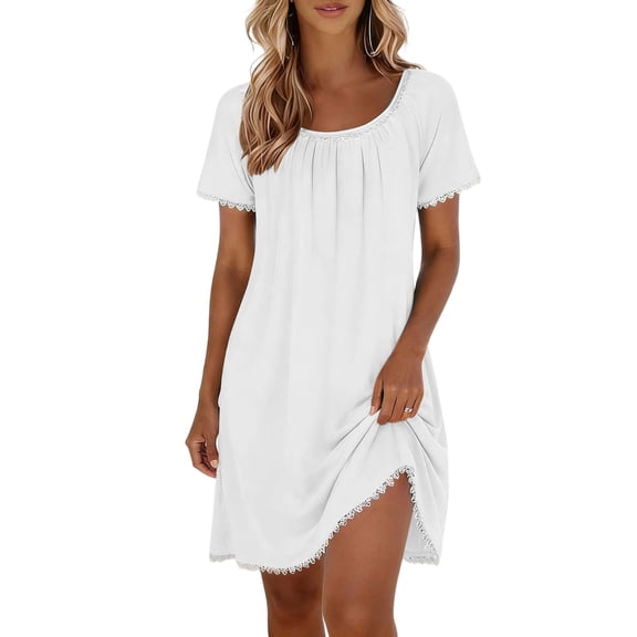YuXingFu Boho Dresses for Women Mini Crew Neck Plus Size Womens Dress Short Sleeve Solid Color Casual Summer White S