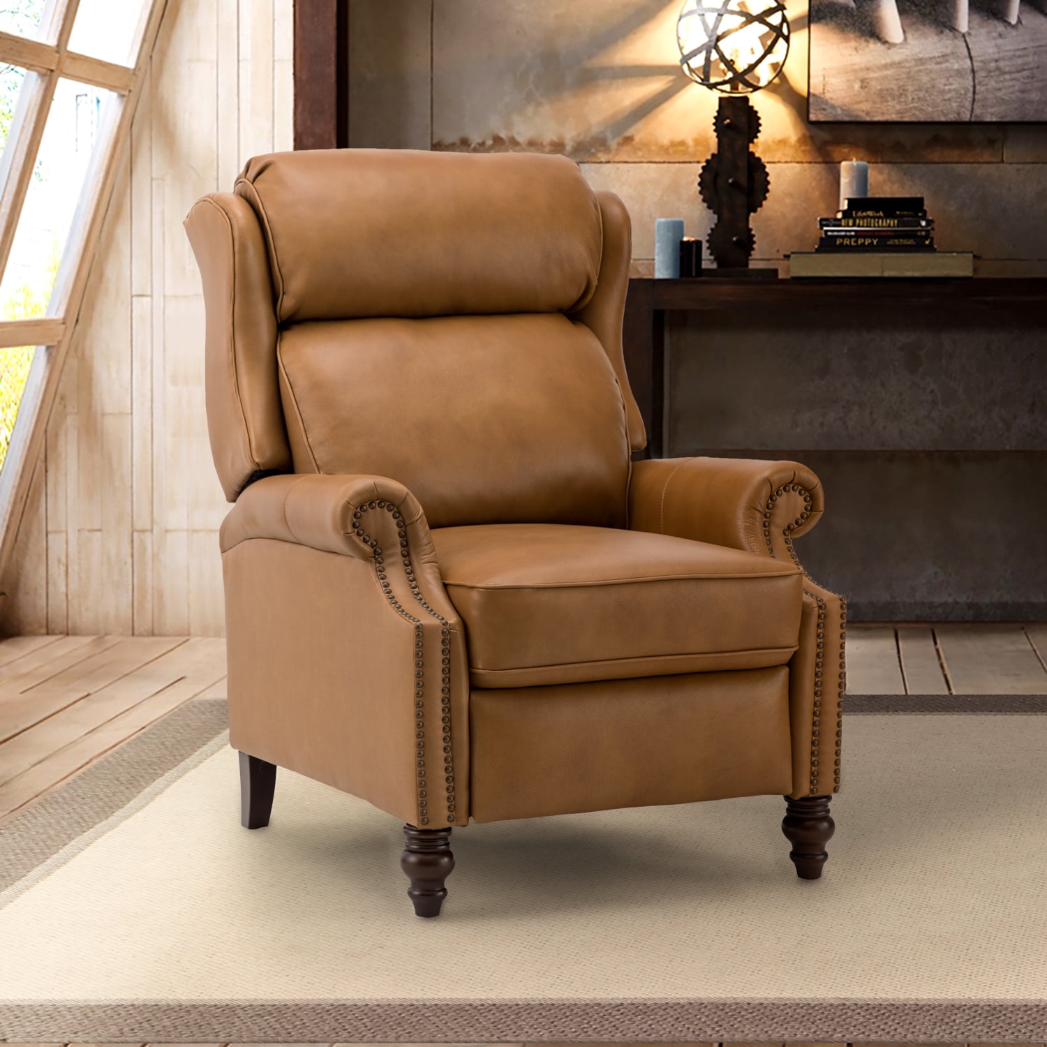 14 Karat Home Genuine Leather Manual Recliner, Wingback Push Back