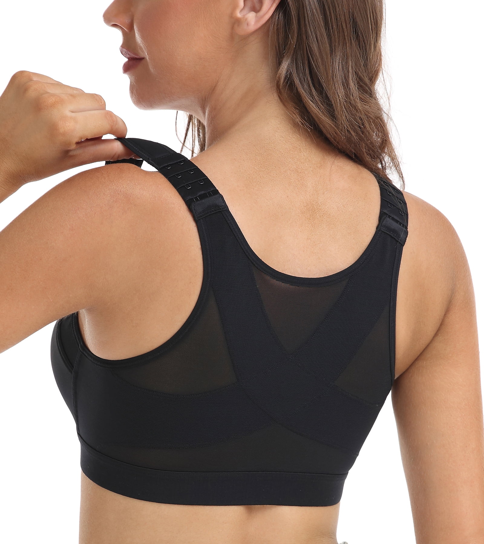 Exclare Women's Front Closure Full Coverage Wirefree Posture Back Everyday  Bra(48C, Black) 