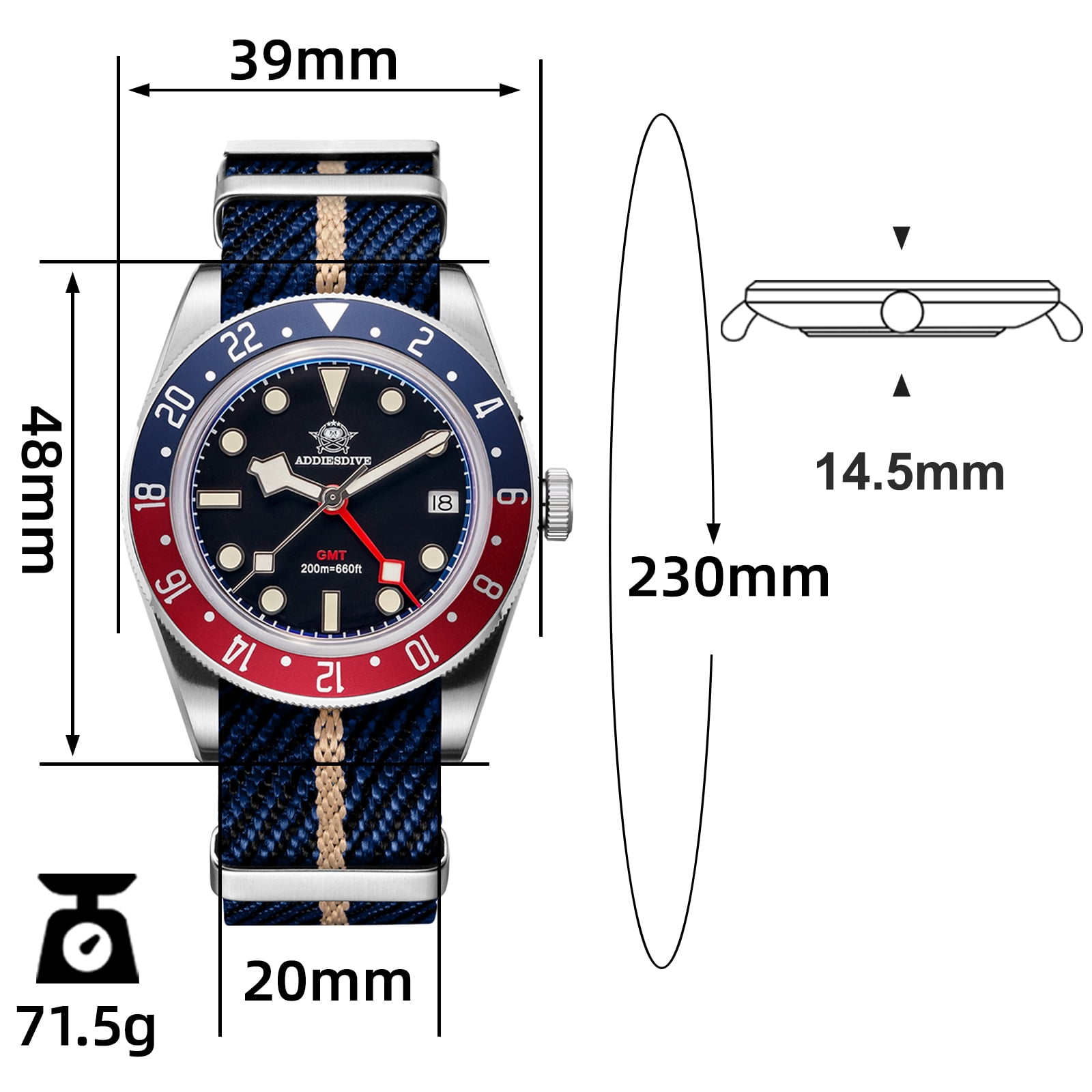 ADDIESDIVE Men's GMT Dive Watch 200M with Swiss Quartz Movement, 316L Stainless Steel Men's Analog Quartz Watches, BGW9 Luminous Unidirectional Bezel