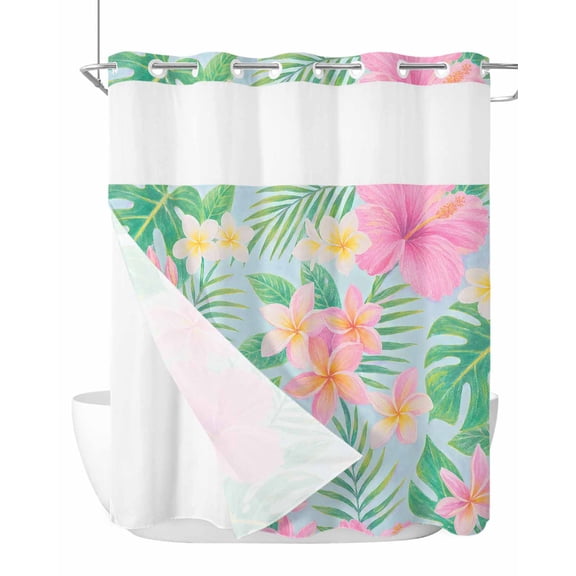 No Hook Shower Curtain, Tropical Flowers Long Bathtub Curtains with Snap in Liner, Blue Summer Botanical Palm Leaves Waterproof Washable Fabric Bathroom Curtain Set, 72" x 78"