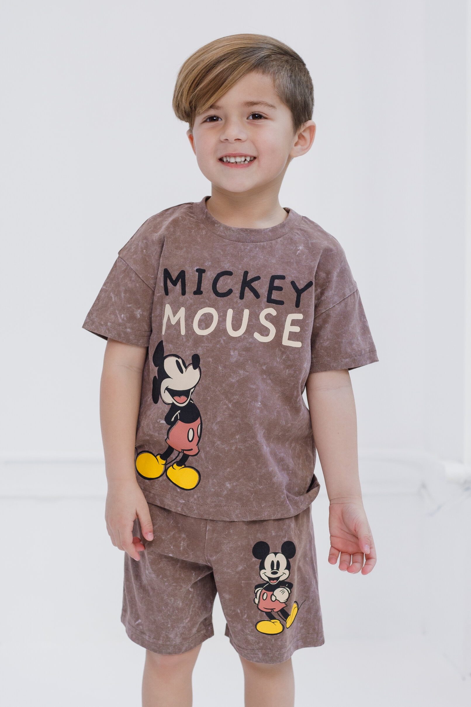 Disney Mickey Mouse Little Boys Vintage Wash Drop Shoulder T-Shirt and Shorts Outfit Set Brown 6
