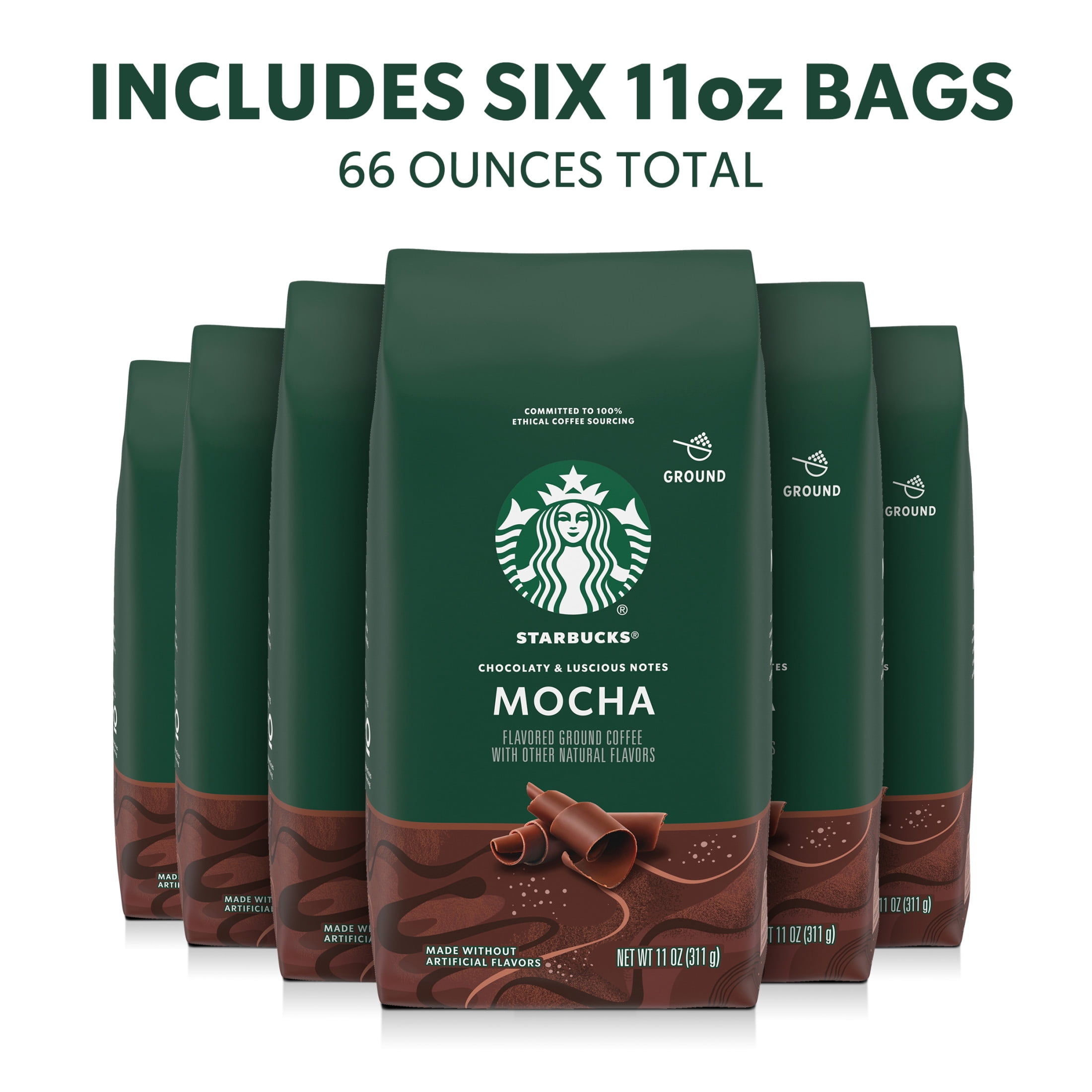 (6 pack) Starbucks Mocha, Ground Coffee, Flavored Roast Hot or Iced Coffee, 11 oz (6 Bags)