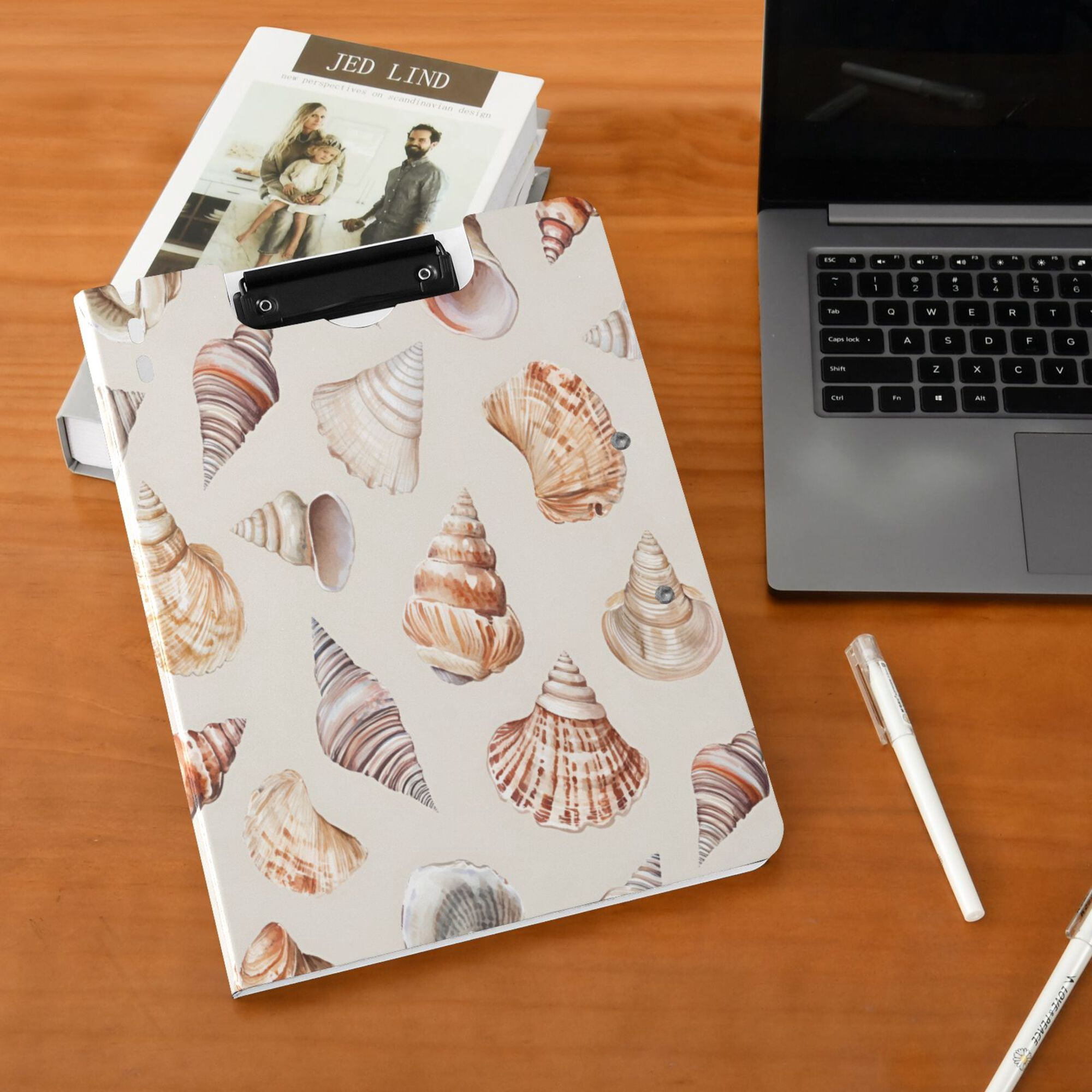 FORMRS A4 Clipboard Folder with Pen Holder Horizontal Foldable School Office Binder, Red Watercolor Seashells