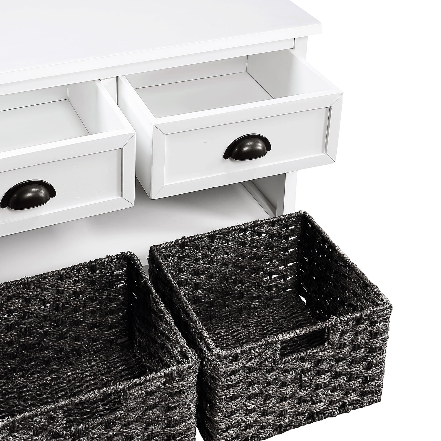 Kadyn Wood Storage Bench, Entryway Shoe Storage Bench with 3 Drawers and 3 Woven Baskets, Modern MDF Bench Seat for Entryway, Bedroom, White Kadyn Wood Storage Bench, Entryway Shoe Storage Bench with 3 Drawers and 3 Woven Baskets, Modern MDF Bench Seat for Entryway, Bedroom, White