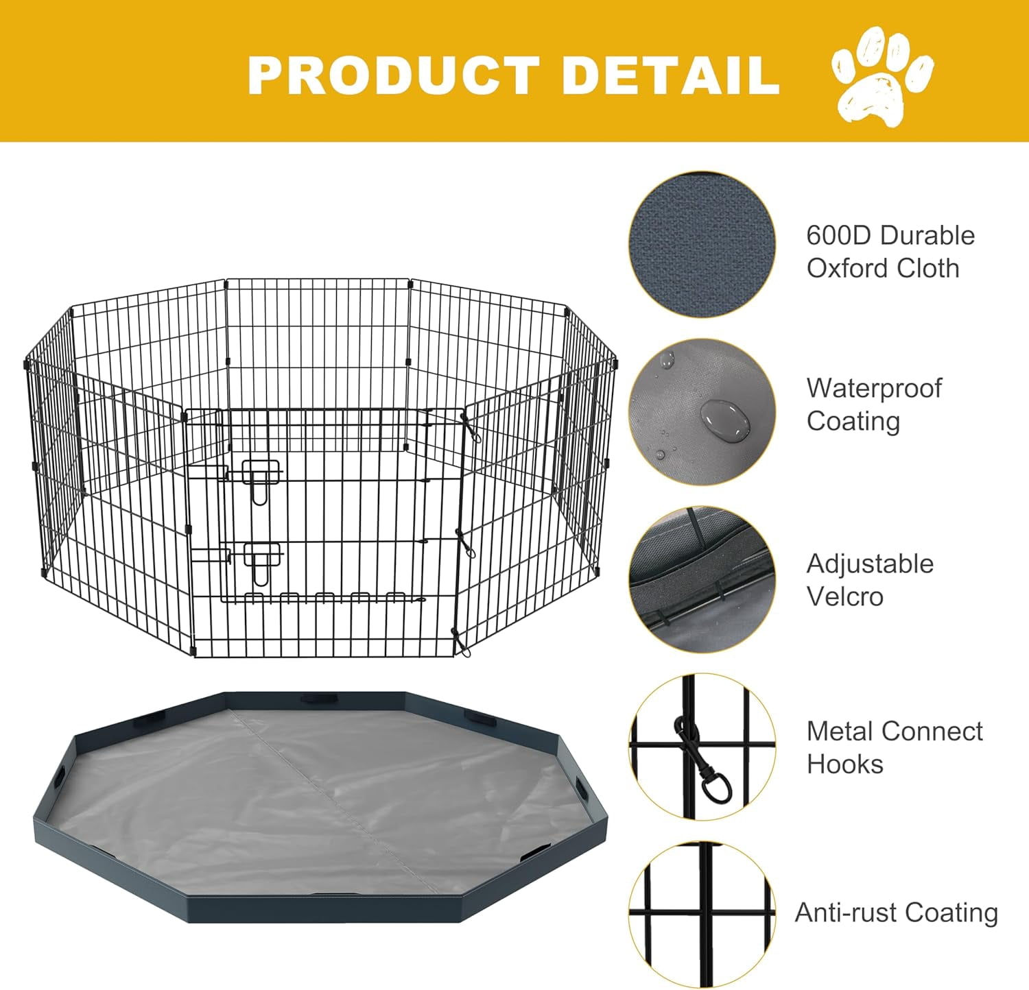 Foldable Dog Playpen, 24x30in 8 Panels Metal Pet Exercise Fence with Botton Pad, Dog Play Pen for Indoor Outdoor, Heavy-Duty Pet Fence Puppy Crate Kennel with Door for Small Medium Pets