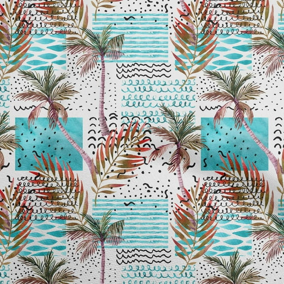 oneOone Polyester Spandex Turquoise Blue Fabric Tropical Tree With Geometric Texture Fabric For Sewing Printed Craft Fabric By The Yard 56 Inch Wide