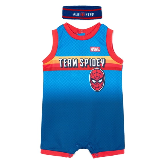 Marvel Spider-Man Baby Boys' Basketball Romper and Headband Set Navy Blue