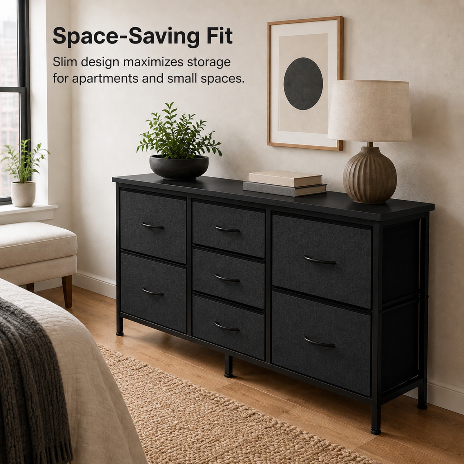 Alvantor 7 Drawer Fabric Dresser, Clothes Organizer Storage Tower for Bedroom, Chest of Drawers with Wooden Top, Metal Frame for Bedroom TV Stand