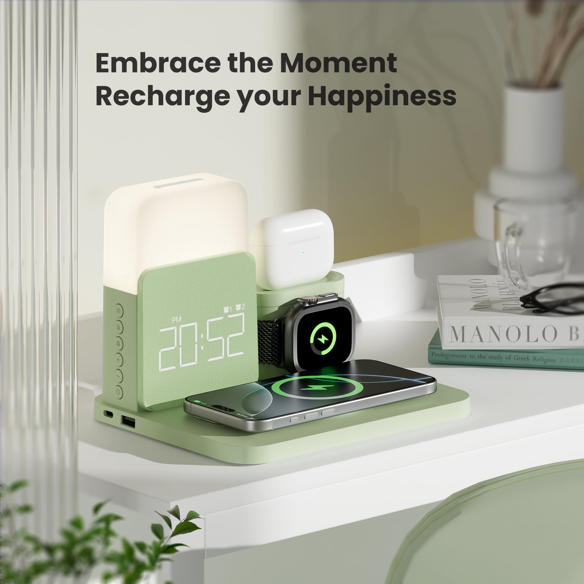 Wireless Charging Station 7 in 1 Compatible for iPhone 17/16/15/14/13/12 Pro Max, Apple Watch & AirPods with Alarm Clock, Night Light Green
