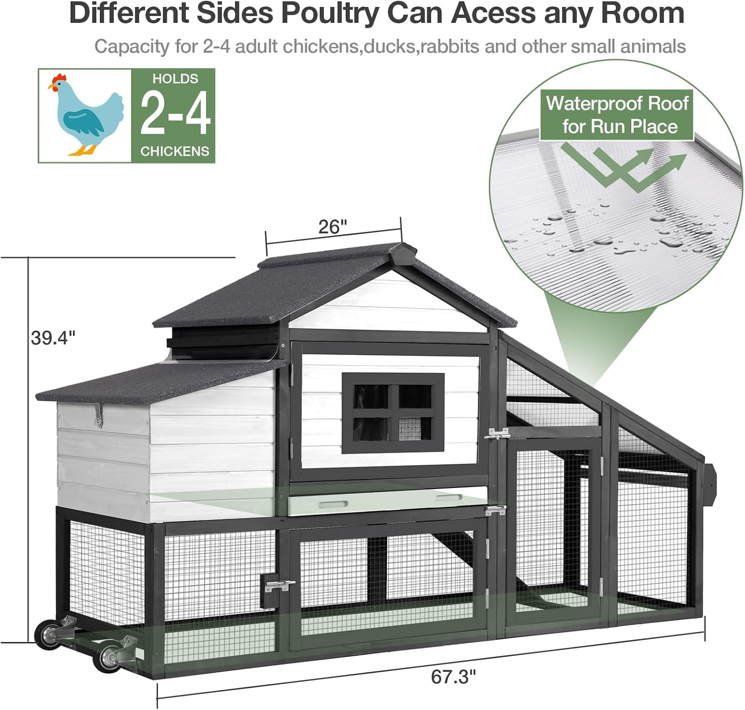 Aivituvin Mobile Chicken Coop with Wheels for 4 Chickens, Backyard Expandable Chicken House Duck Cage with Run, 2 Nesting Boxes, Easy Clean Pull-Out Tray, Weatherproof Roof (Black)