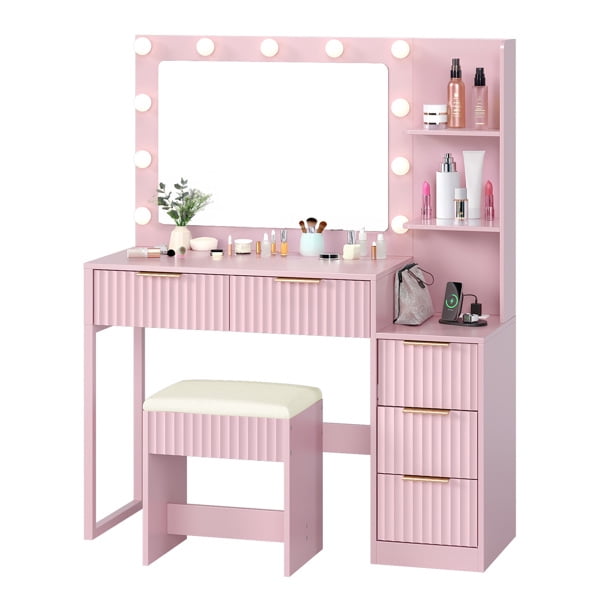 Alvantor 42.98 in Makeup Vanity Desk with 11-Bulb Lighted Mirror, Power Strip, 5 Drawers, 2 Shelves and Stool, Pink