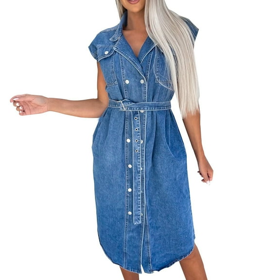 Womens Cap Sleeve Denim Shirt Dress Stylish Loose Button Down Midi Casual Jean Dresses with Belt