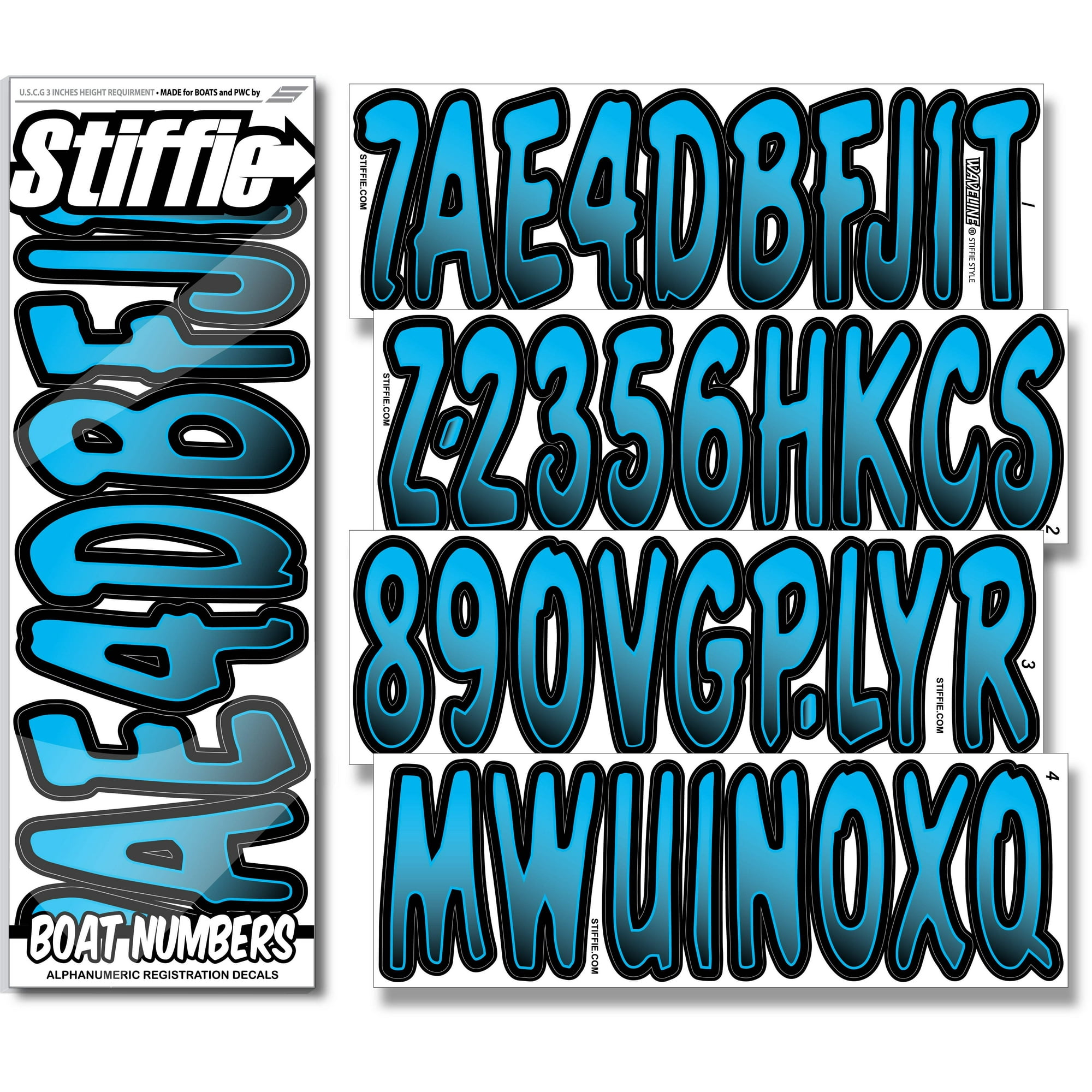 STIFFIE Waveline Sky Blue/Black 3” Boat PWC Registration Decals • Numbers Letters Stickers