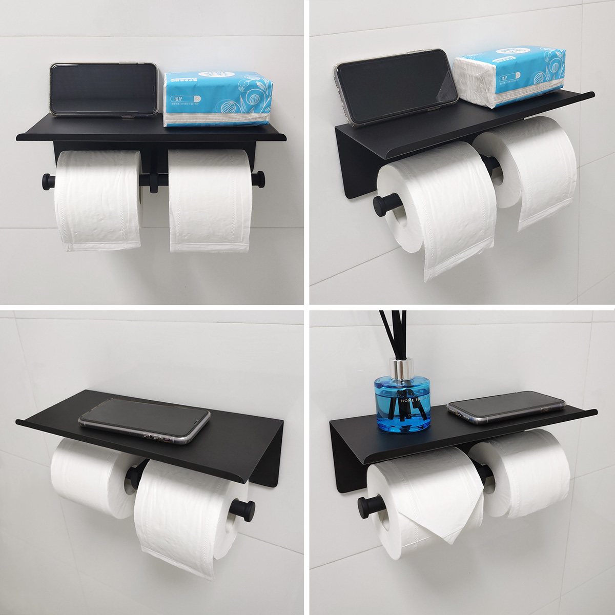 GZILA Double Toilet Paper Holder with Shelf Matte Black Wall Mounted, Dual Large Rolls Tissue Holder Multipurpose TP Dispenser, SUS 304 Stainless Steel