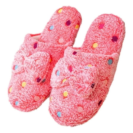 

SweetCandy Women Slient Indoor Slippers Fleece Knotbow Polka Dot Closed Toe House Shoes Comfort Soft Non-Slip Home Shoes