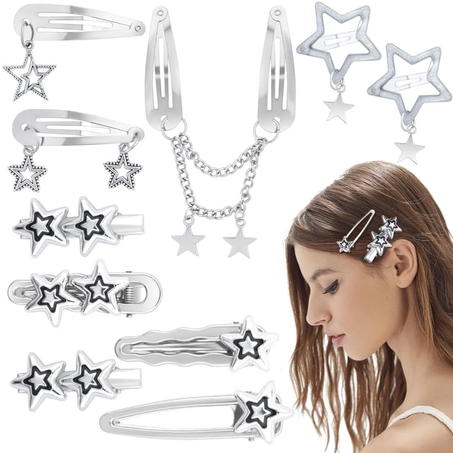 BEIQIYA 10 pinzas para el pelo Y2K con forma de estrella para mujer, antideslizantes, de metal, con forma de estrella, pasadores para el pelo de los años 2000, dulce punk, kawaii, accesorios para el p