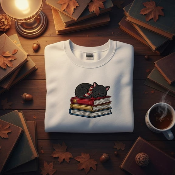 Sleeping Black Cat Embroidered Sweatshirt, Cozy Book Lover Crewneck, Fall Autumn Reader Sweater, Librarian Witch Gift