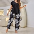 thumbnail image 2 of EINCcm Women's Plus Size 2 Pieces Pajama Set Loose V Neck Half Button Short Sleeve Shirt Top and Wide Leg Floral Plaid Pants Pj Sleepwear, 2 of 5
