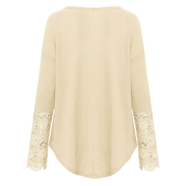 Blusa Con Cuello En V Camisa De Un Solo Pecho Blusa De Manga Larga Camisa De Otoño Para Mujer Blusa Informal De Poliéster Cuello En V Blusa De Botonadura Sencilla Panel De Encaje ANGGREK Albaricoque L