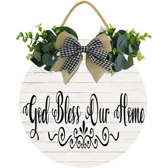 Eveokoki 12" Wood Sign,God Bless Our Home Front Door Round Wood Sign Hanging,Porch Decor Sign for Farmhouse,Rustic Wood Wreaths Sign
