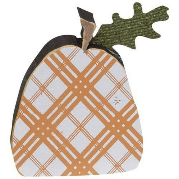 Hearthside Fall Decor - Small Prim Brown Orange Plaid Wood Pumpkin Sitters 2pc