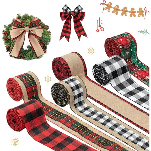 6 Rolls Christmas Wired Edge Ribbon Black White Red Buffalo Plaid Snowflake Burlap Ribbons 2.5” × 30 Yards for Christmas Tree Stocking Decoration DIY Xmas Wreath Bow Knot Crafts Gift Wrapping